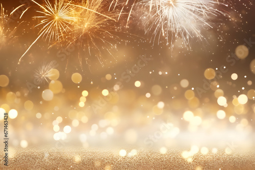 abstract gold glitter background with fireworks. christmas eve, new year and 4th of july holiday concept.Christmas and New Year holidays background with champagne
