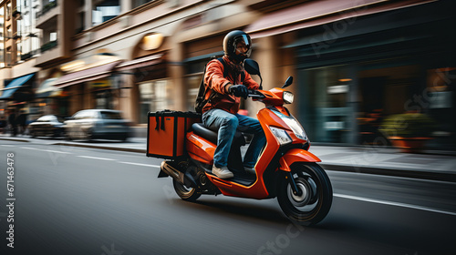 Delivery man on scooter driving in the city, motorcycle on the street. Young courier, delivery man in uniform with thermo backpack on a moped. Fast transport express home delivery. Online order. © Anastasiia