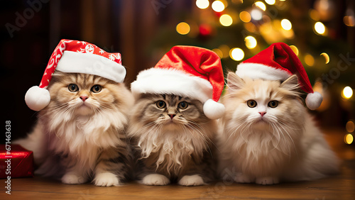 A cats in a santa hat by a Christmas tree. © Andrii
