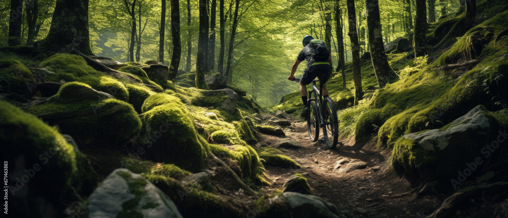 Mountain biker riding on bike in spring inspirational forest landscape. Man cycling MTB on enduro trail track. Sport fitness motivation and inspiration. - obrazy, fototapety, plakaty 