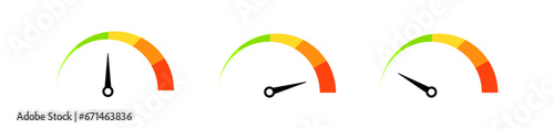 Speedometer icons. Flat, color, speedometer with arrow, indicator icons. Vector icons