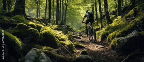 Mountain biker riding on bike in spring inspirational forest landscape. Man cycling MTB on enduro trail track. Sport fitness motivation and inspiration. photo