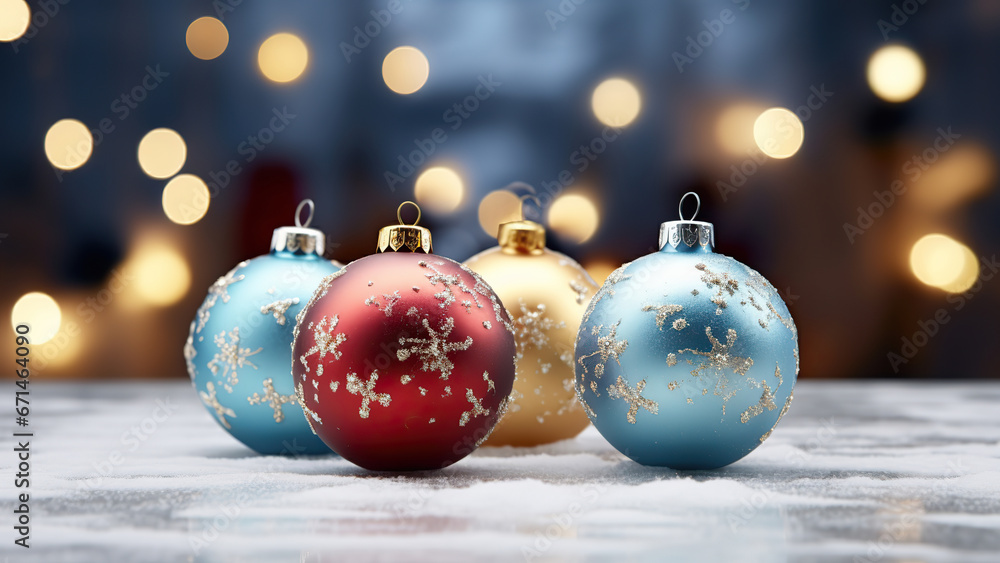 Christmas decorations on snow with fir tree branches and christmas lights. Winter Decoration Background 