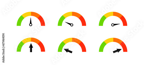 Speedometer indicator icons. Flat, color, speedometer with arrow, indicator icons. Vector icons