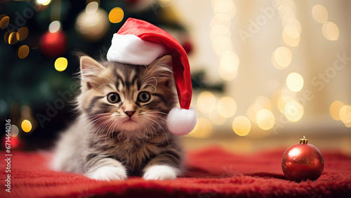 A cat in a santa hat by a Christmas tree.