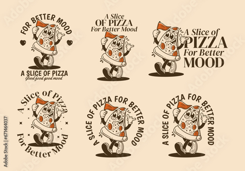 A slice of pizza for better mood. Mascot character illustration of walking pizza, holding a flag