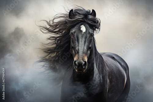 Portrait of a dark beautiful well-groomed horse on a black background