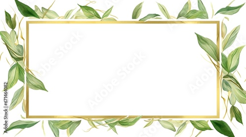 Golden rectangle with watercolor leafy frame border empty page white background photo