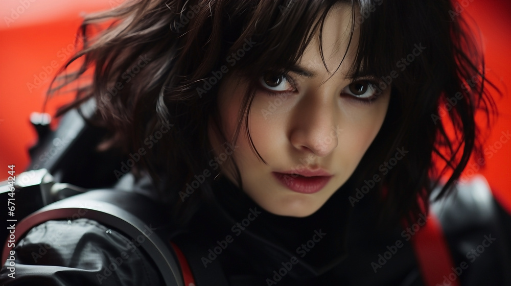 Close-up view of a female Asian face with black eyes. Illustration, wallpaper, background. Close-up view of a female Asian face with black eyes. Illustration, wallpaper, background.