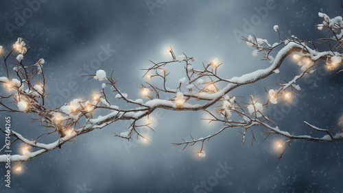 Christmas branches with lights, in the style of dark sky-blue and light beige, monochrome toning.