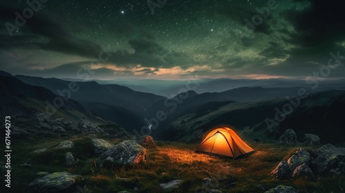 Camping at night, under the stars, outdoors. Green tent over mountains © Mas