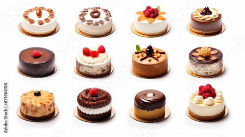 Set of different delicious cakes isolated on white.