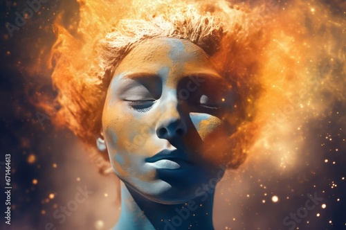 Cosmic nebula woman head in fire. Star glowing virtual creative peace. Generate Ai