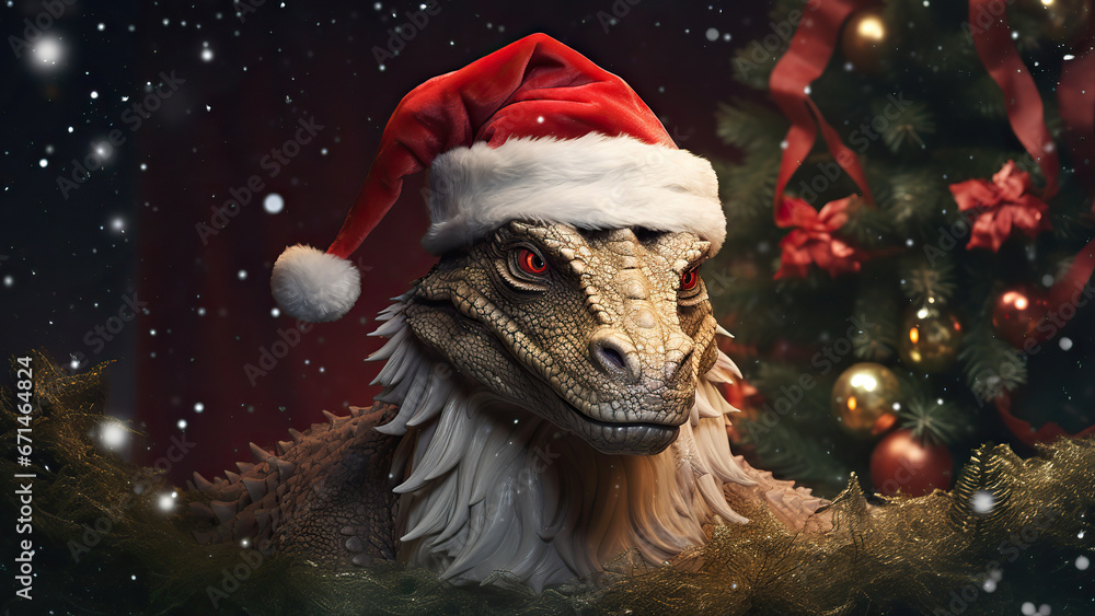 A photo was taken a dragon in a Santa Claus hat with Christmas gifts.