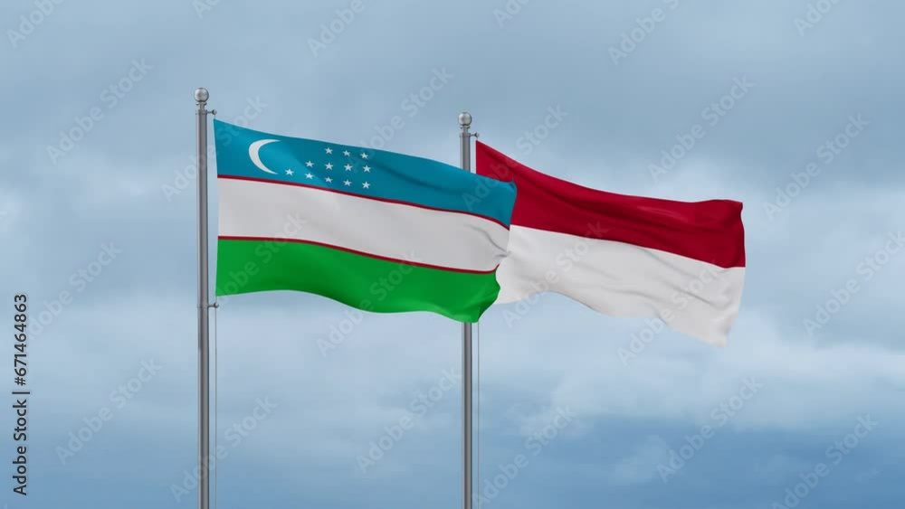 Indonesia flag and Uzbekistan flag waving together on cloudy sky, endless seamless loop, two country relations concept Indonesia flag and Uzbekistan flag waving together on cloudy sky, endless seamless loop, two country relations concept