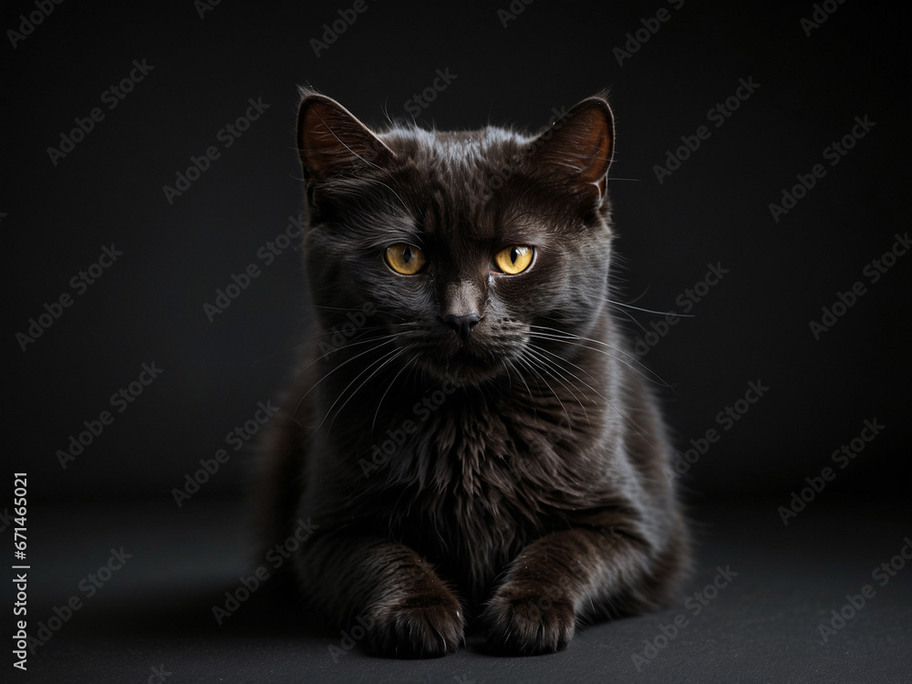 black cat isolated on a black background. Backdrop with copy space