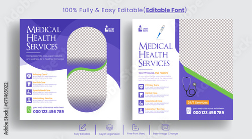 Editable Medical healthcare service social media posts banner template, Clinic or hospital promotional ads for instagram and facebook posts,
dental care ads, online health consulting and nursing care photo