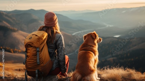 woman with dog in mountains