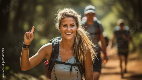 happy woman hiker with backpack