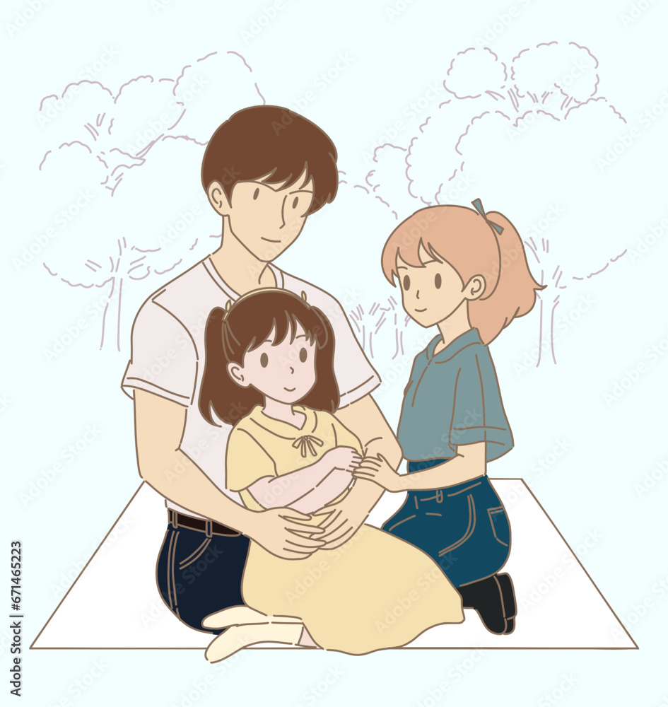 Family, dad and daughters sitting on mat in park on weekend, enjoyed picnic, spending time together, relaxed leisure vacation summer time. Hand drawn flat cartoon character vector illustration. Family, dad and daughters sitting on mat in park on weekend, enjoyed picnic, spending time together, relaxed leisure vacation summer time. Hand drawn flat cartoon character vector illustration.