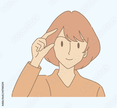 Woman showing little bit, small, mini, tiny or something minimum with fingers gesture. Hand drawn flat cartoon character vector illustration.