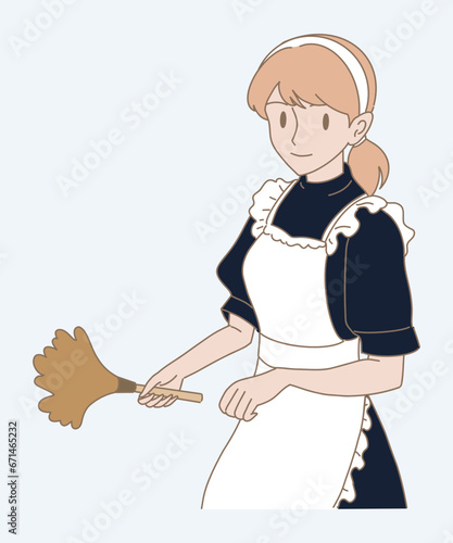 Housekeeper wearing apron, holding feather duster, cleaning whisk. Maid providing  cleaning services. Hand drawn flat cartoon character vector illustration.