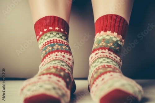 Christmas socks legs closeup. House person relax comfort. Generate Ai