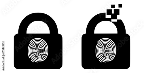 Biometric Security Icons with Fingerprint, Lock & Broken Lock with Pixelated Hinge
