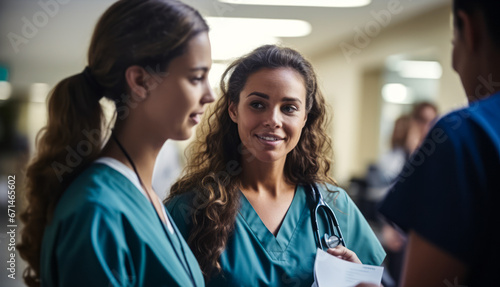Professional Exchange: Female Doctor and Nurse Chatting in Hospital Hall