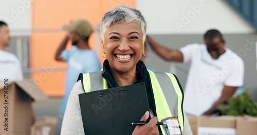 Woman, clipboard and donation for charity, volunteer and organizer for outreach program, smile and portrait. Happy senior person, non profit and support in social responsibility for NGO foundation photo