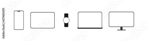 Blank screens icons. Outline, screen of a smartphone, tablet, watch, laptop, monitor, screen mockups. Vector icons