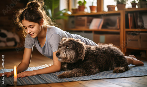 Indoor Yoga: Young Woman and Her Dog in Downward Facing Dog Pose