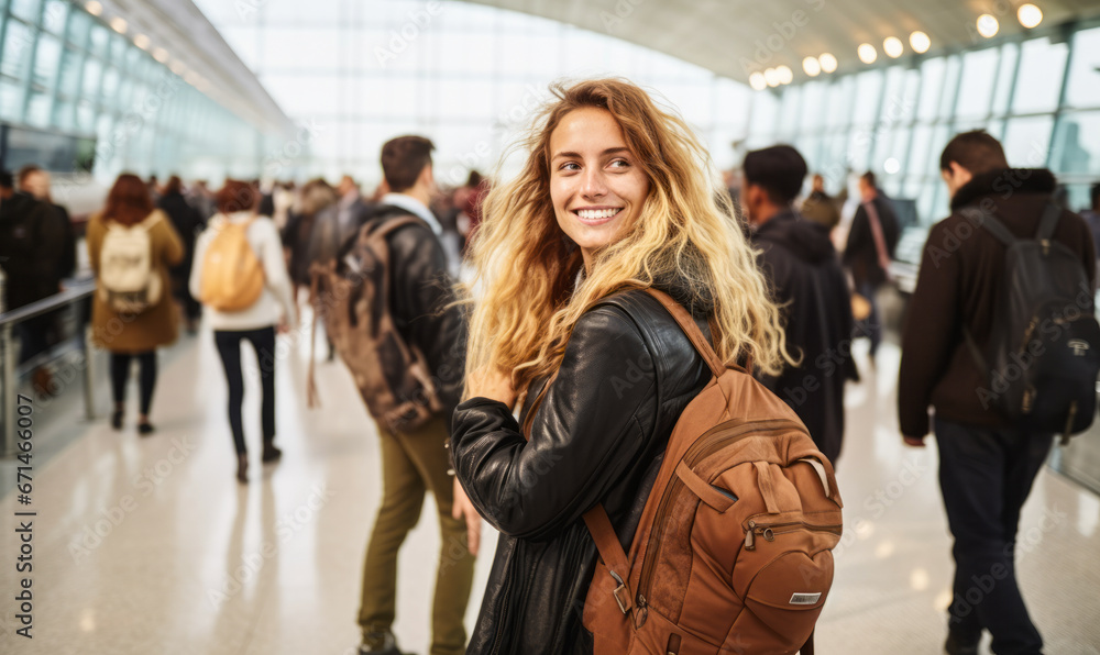 Joyful Blonde in Leather Jacket Smiles Amidst Busy Airport Passersby