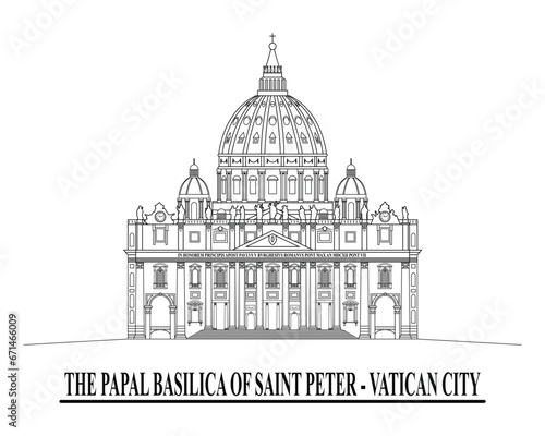 Line art vector of The Papal Basilica of Saint Peter in Vatican City or Saint Peters Basilica drawing in black and white