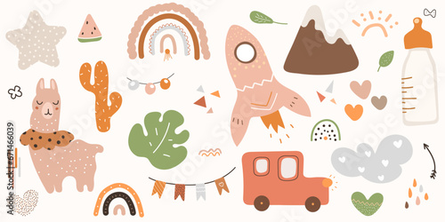 A set of cute children's items and toys in boho style. Cartoon doodle children's clipart for children's room decor, books, games. Rainbow, clouds, alpaca in boho style.