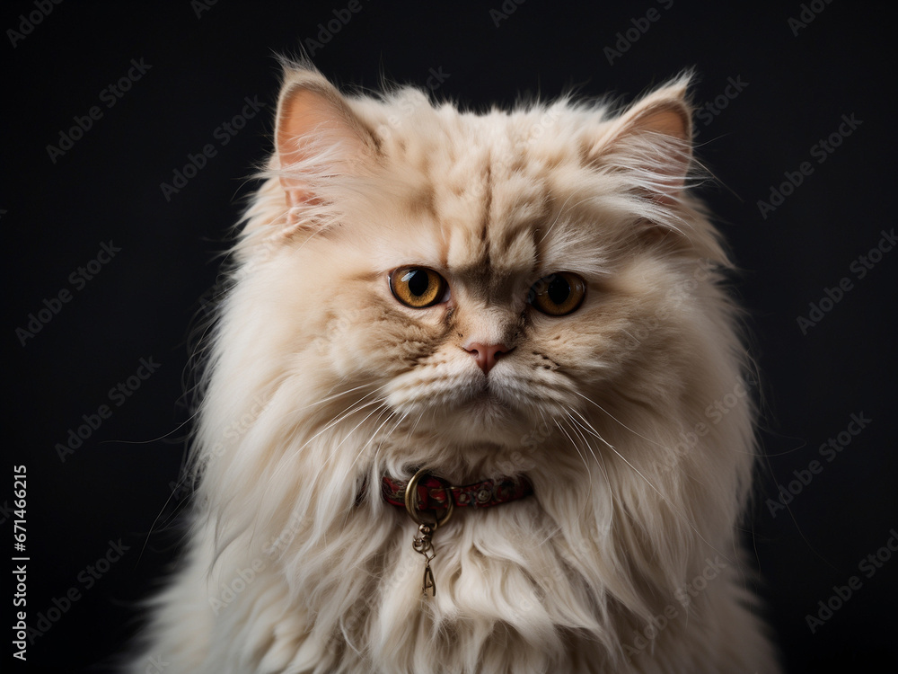 Persian cat isolated on a black background. Backdrop with copy space