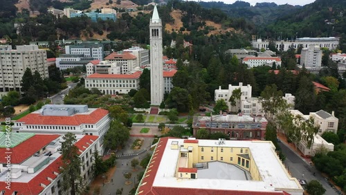 Aerial view passing the Campanile, Sather Tower of the University of California in Berkeley, USA photo