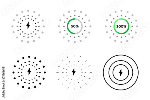 Charging icons. Black, charging lightning, charging icons 50%, 100%. Vector icons