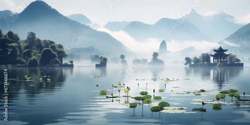 A calm lake in China with lotus flowers and willow