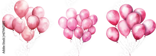 Watercolor pink balloons on white background.
