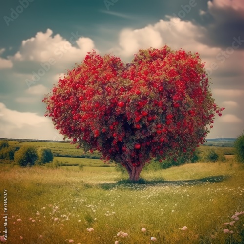 Tree in the shape of a heart in the meadow with cloud