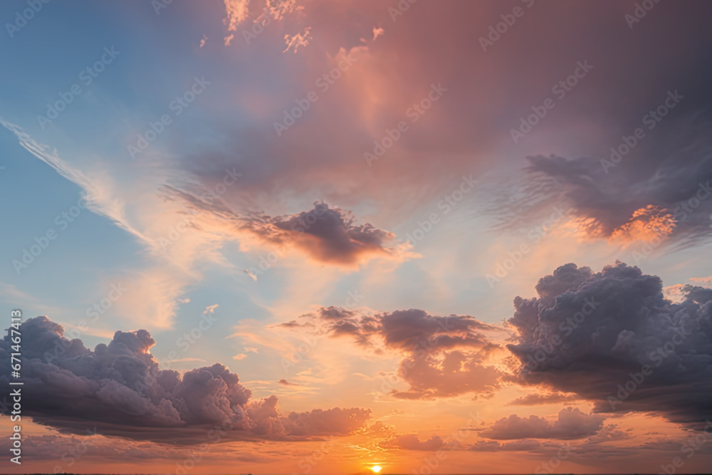 Abstract beautiful orange fluffy clouds on sunrise sky - colorful nature sky texture background