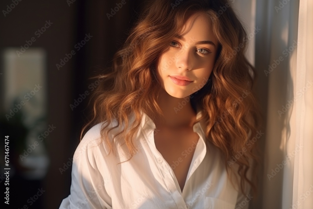 Close-up portrait of a beautiful woman in a white shirt, soft light from the window Close-up portrait of a beautiful woman in a white shirt, soft light from the window