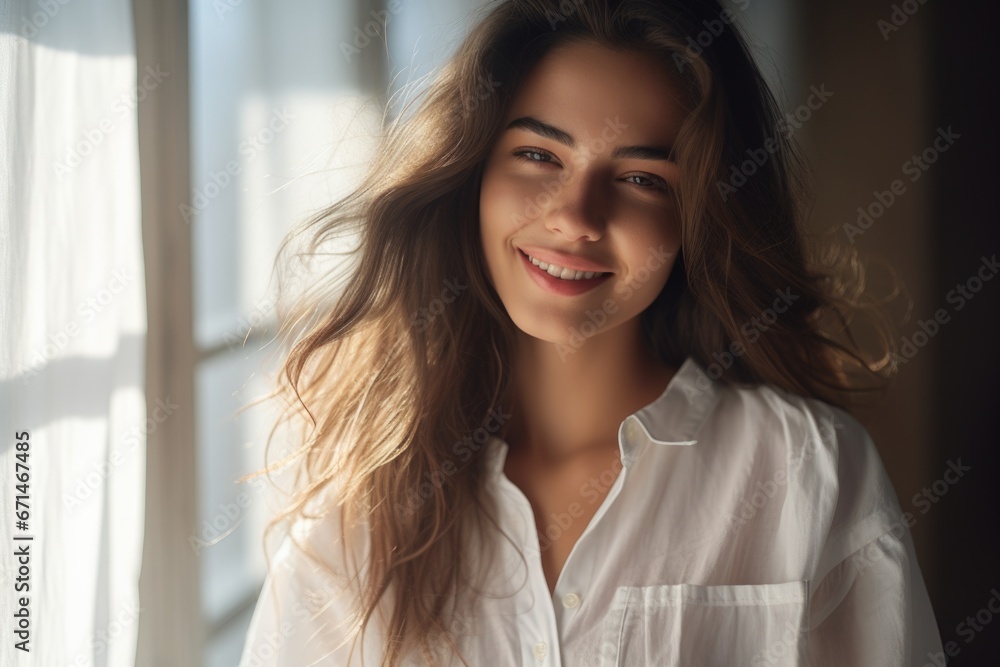 Close-up portrait of a beautiful woman in a white shirt, soft light from the window Close-up portrait of a beautiful woman in a white shirt, soft light from the window