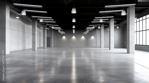 Industrial design project empty hall with led lights on top, grey walls and glossy concrete floor photo