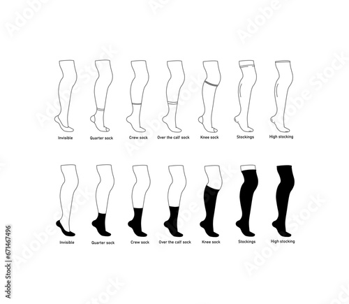Sock length icons. Outline, leg sock length icons, invisible, quarter, crew sock. Vector icons