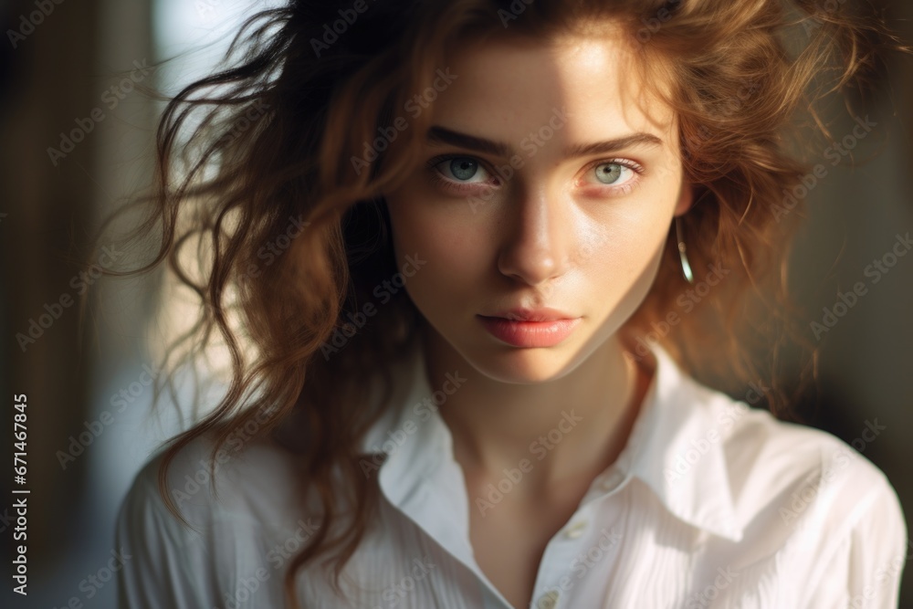 Close-up portrait of a beautiful woman in a white shirt, soft light from the window Close-up portrait of a beautiful woman in a white shirt, soft light from the window
