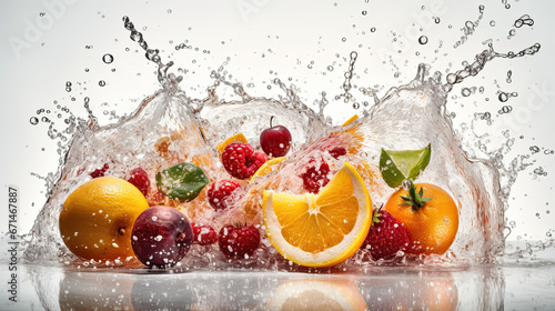 A splash of fruit is being poured into a water splash.