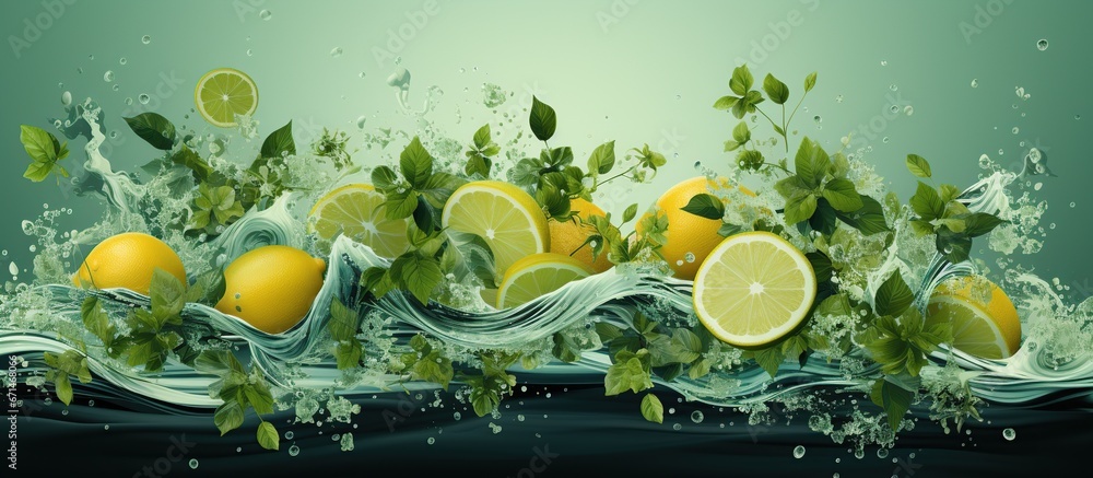 Lime fruit slice, leaves and green juice splash - obrazy, fototapety, plakaty 