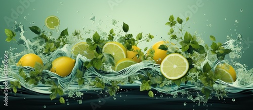 Lime fruit slice, leaves and green juice splash © Mas